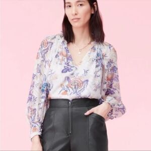REBECCA TAYLOR | Silk Floral Peasant Top White Toile Printed Women’s Size 8